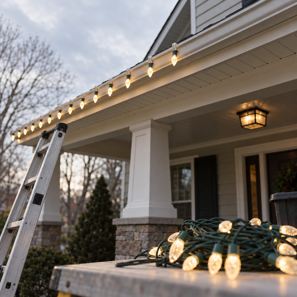 Bare roofline to holiday lights